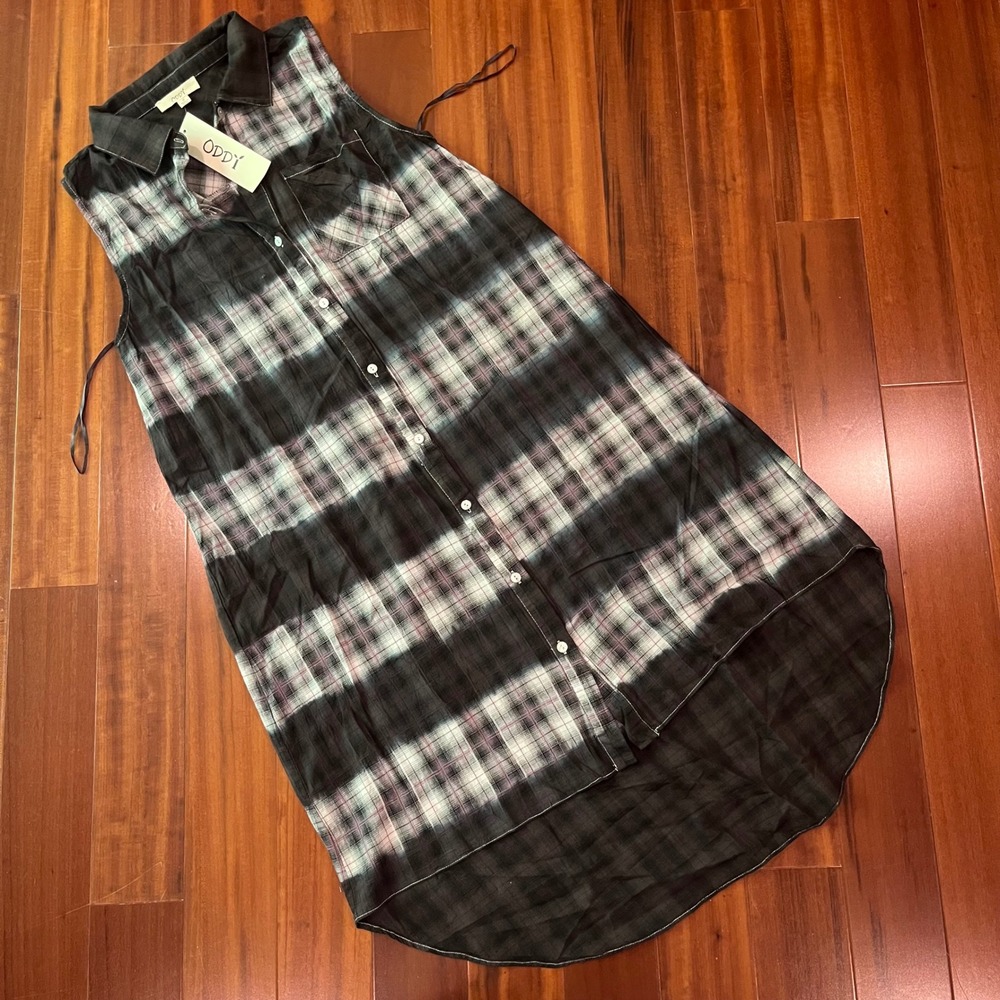 Black Plaid Shirt Dress Cotton Button Sleeveless Hi Lo Goth Dark Academia Oddi S